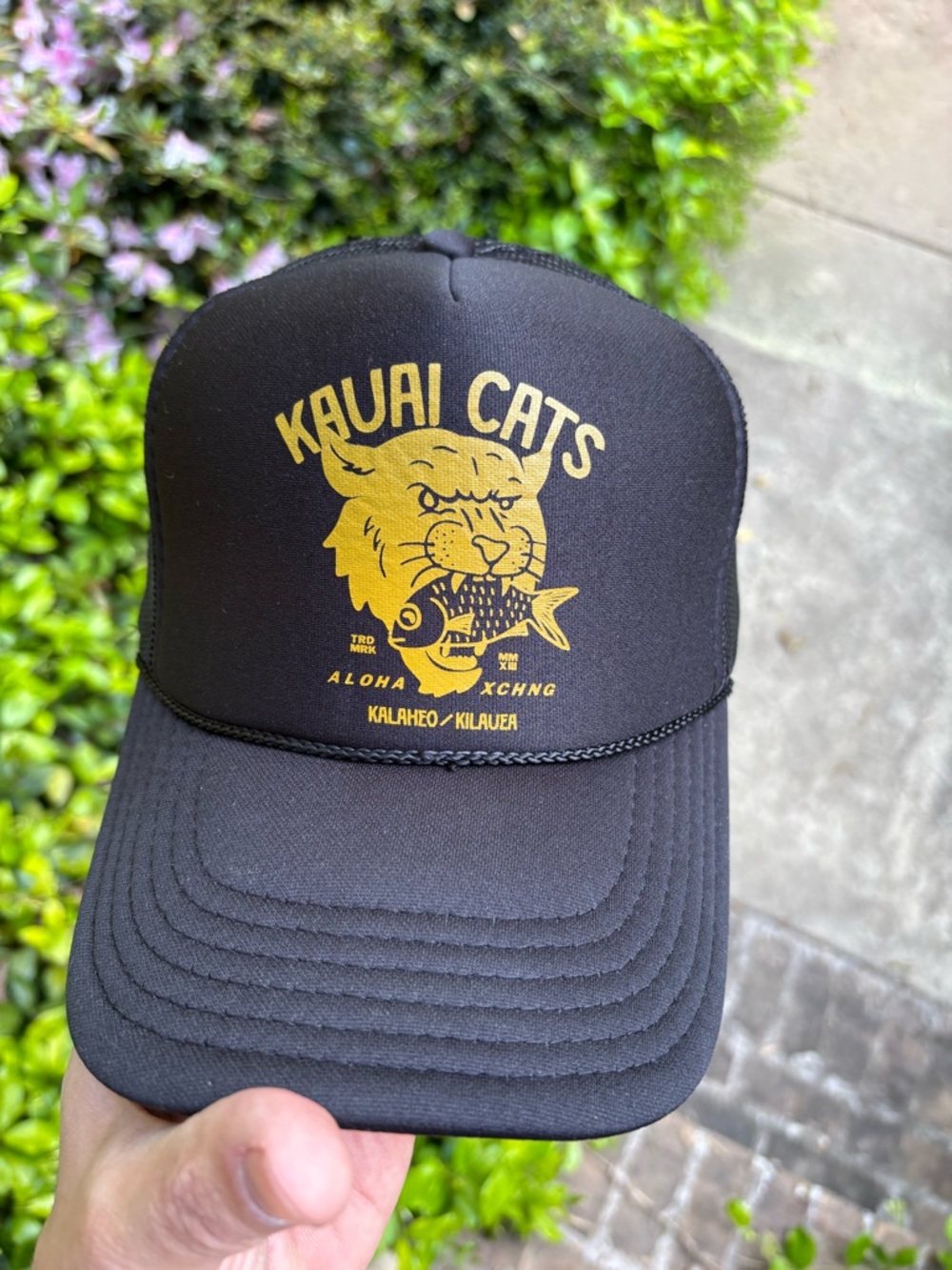 ALOHA XCHNG Black Trucker Cap with Gold Graphic—NWOT